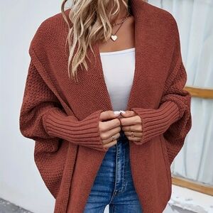 Brick Red Oversized Chunky Knit Cocoon/Batwing Cardigan - XL/2X